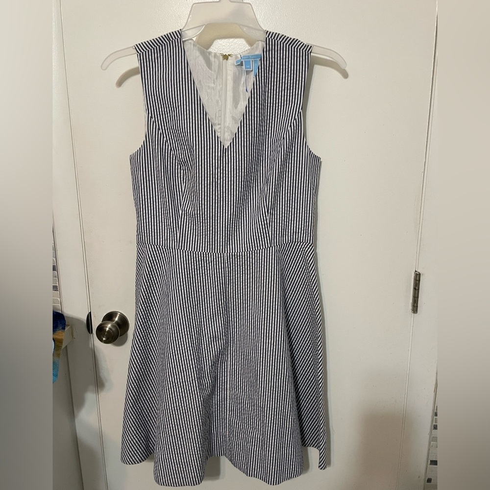 Draper James V Neck Sleeveless Navy blue White pinstripe Circle Dress Sz 10
